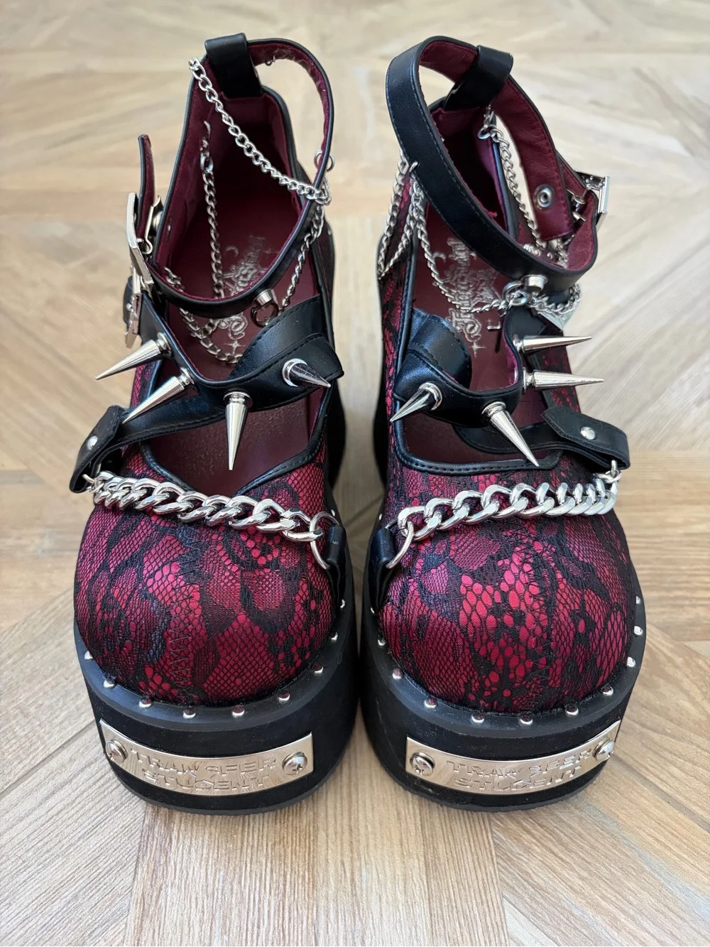 Transfer Student Spiked Platform Shoes Red Lace Metallic Whismigoth Punk Size 38